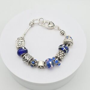ELLEN TRACY Charm Bracelet Peace All Seeing Eye Blue Crystal Glass‎ Silver  8"